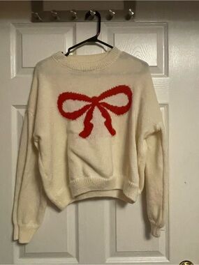 Cream Bow Accent Women's Sweater - Red Bow Detail